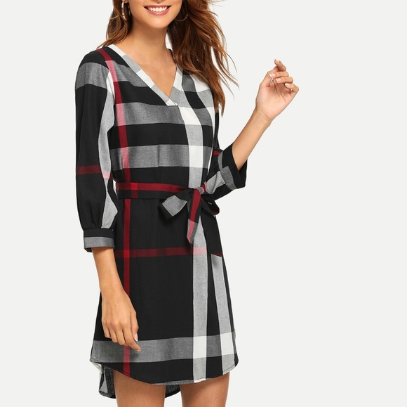 Plaid Belted Shirt Dress Black White Gray & Red - Picture 3 of 8